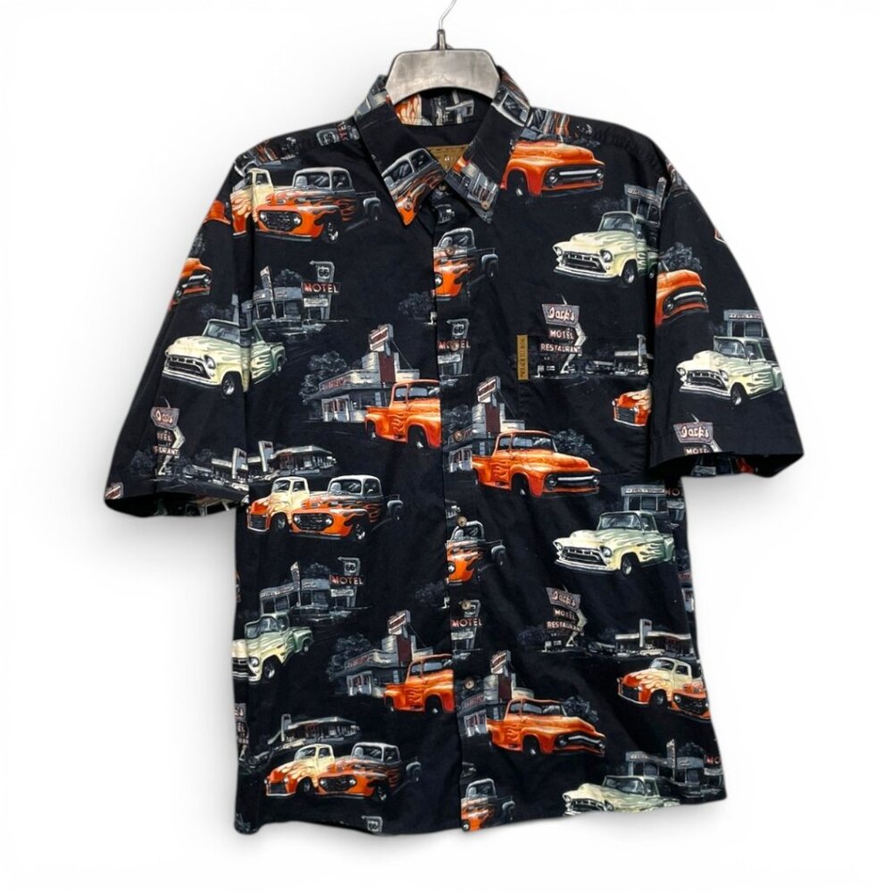 Men's North River Hot rod route 66 all over print button shirt size Large